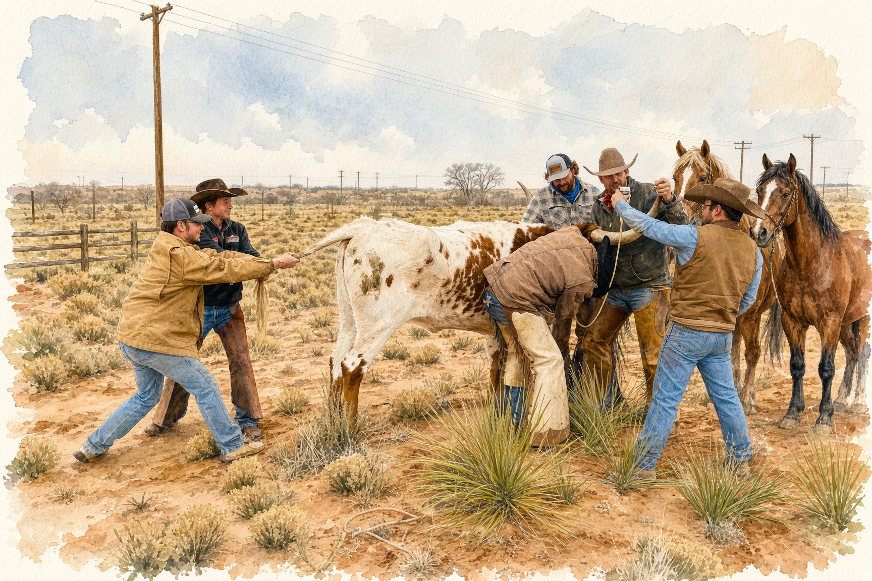 Cowboys working Molly in the pasture