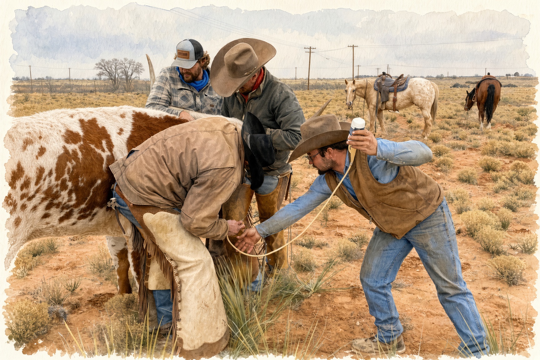 Giving Molly medicine after she was roped