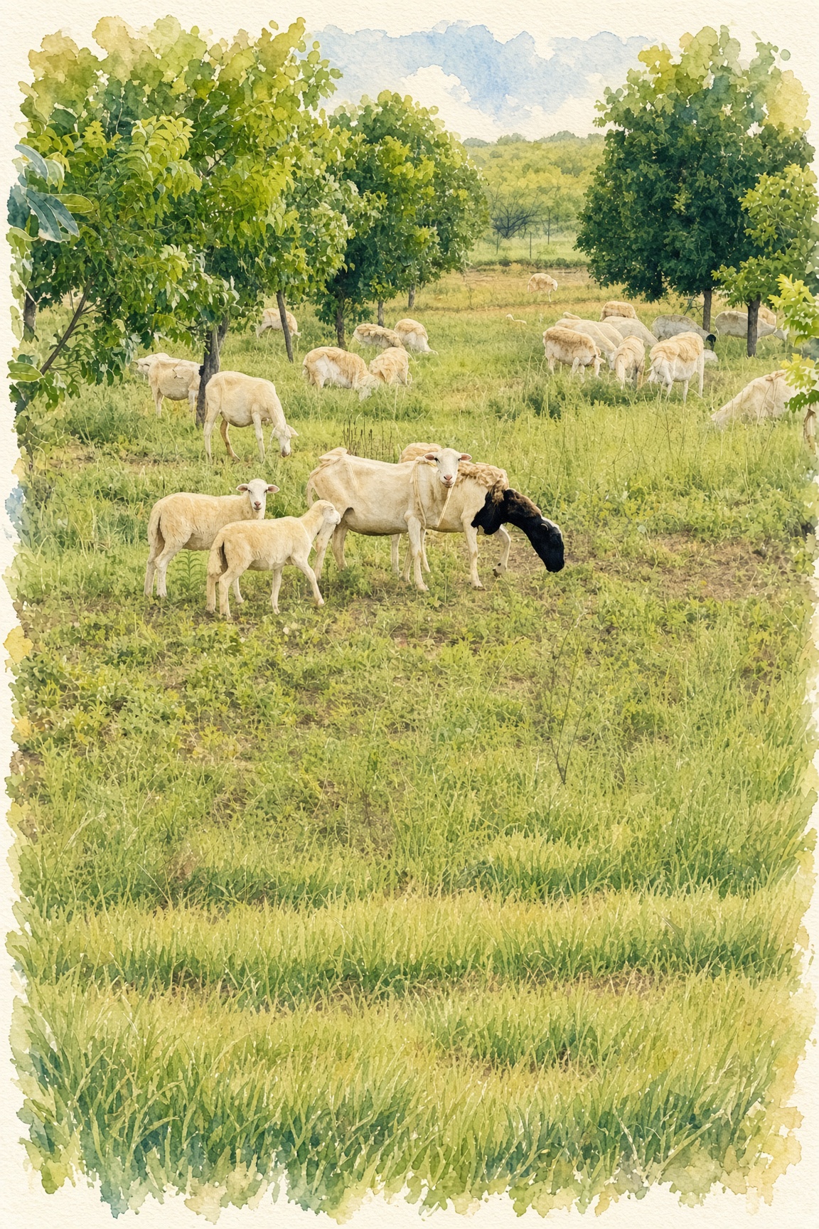 Sheep grazing the pecan orchard